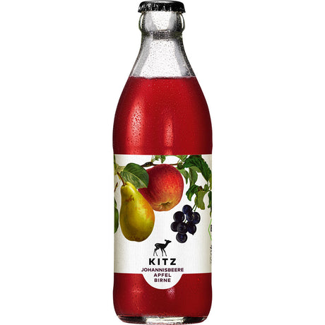 Kitz Apfel-Birnen-Johannisbeer-Schorle 20x0,33L (MEHRWEG): Glasflasche mit Bildern von Birne, Apfel und schwarzer Johannisbeere auf dem Etikett. Hergestellt von Kitz aus Bio-Obst Baden-Württemberg für hohen Fruchtanteil.