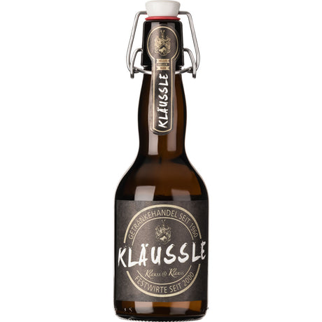 Eine Braunglasflasche KLÄUSSLE Helles Kellerbier naturtrüb (Klauss & Klauss) mit Bügelverschluss und schwarz-weißem Etikett, 0,33 l, ist Teil des 20er Mehrweg-Pakets.