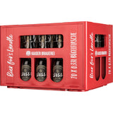 Rote Kiste mit 20 Flaschen Klauss & Klauss KLÄUSSLE Helles Kellerbier naturtrüb (je 0,33L, Bügelverschluss); deutscher Text auf der Seite.