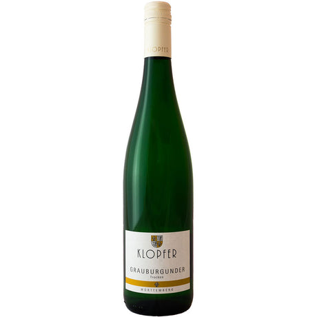Eine grüne Flasche Wolfgang Klopfer Grauburgunder Gutswein BIO trocken 2024 aus dem deutschen Remstal mit einem cremefarbenen Verschluss und Etikett.