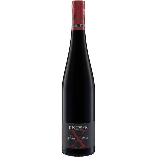 Eine dunkle Glasflasche Knipser Rotwein-Cuvée X trocken 2019 mit rotem Verschluss und schwarzem Etikett mit der Aufschrift X, die diese bemerkenswerte deutsche Bordeaux-Mischung präsentiert.