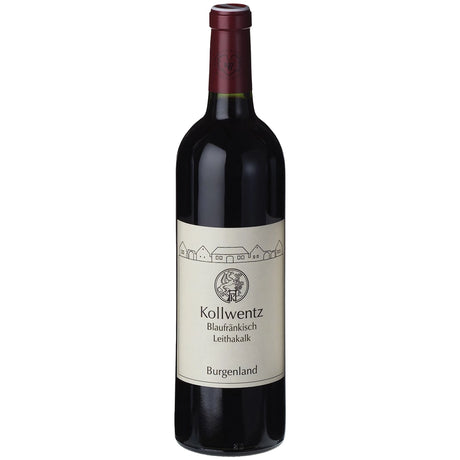 Eine Flasche Kollwentz Blaufränkisch Ried Leithakalk Burgenland DAC 2021 Rotwein aus Österreich mit einem schlichten cremefarbenen Etikett, das den unverwechselbaren Charakter der Leithakalk-Böden hervorhebt.