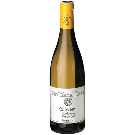Eine Flasche Kollwentz Chardonnay Ried Leithakalk Burgenland DAC 2024 von Kollwentz mit weißem Etikett und gelbem Verschluss.