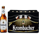 Eine Flasche und ein Kasten Krombacher Pils 24x0,33L (Mehrweg), die beide das Branding der Marke Krombacher deutsches Premium-Pils und den hopfenbetonten Geschmack hervorheben.