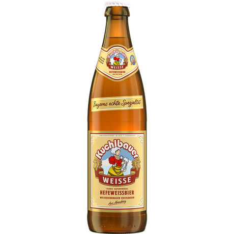 Braune Flasche Kuchlbauer Weisse 20x 0,5 Liter (MEHRWEG) von Kuchlbauer mit detailliertem Etikett und goldenem Verschluss - ein feines Weizenbier in bayerischer Weißbiertradition.