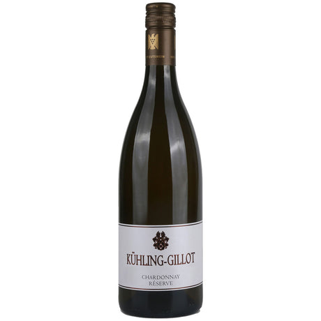 Eine Flasche Kühling-Gillot Chardonnay Réserve VDP.Gutswein trocken 2025 mit einem weiß-goldenen Etikett.