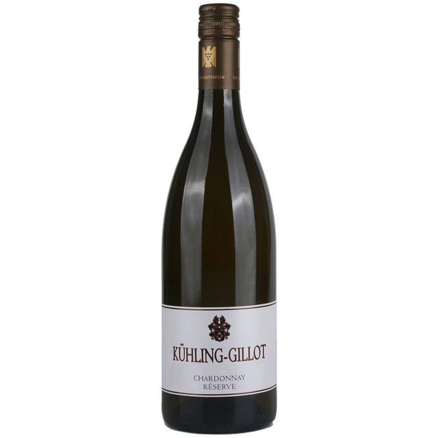 Eine Flasche Kühling-Gillot Chardonnay Réserve VDP.Gutswein trocken 2025 mit einem weiß-goldenen Etikett.