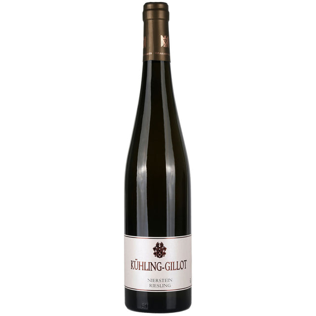 Eine Flasche Kühling-Gillot Nierstein Riesling VDP.Erste Lage trocken 2024 mit weißem Etikett und goldenen Akzenten.