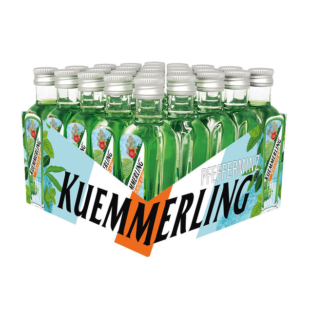 Fünfundzwanzig Mini-Flaschen Kümmerling Pfefferminzlikör 21% (0,02l) werden in einer Verpackung mit auffälligem Kümmerling-Branding präsentiert.