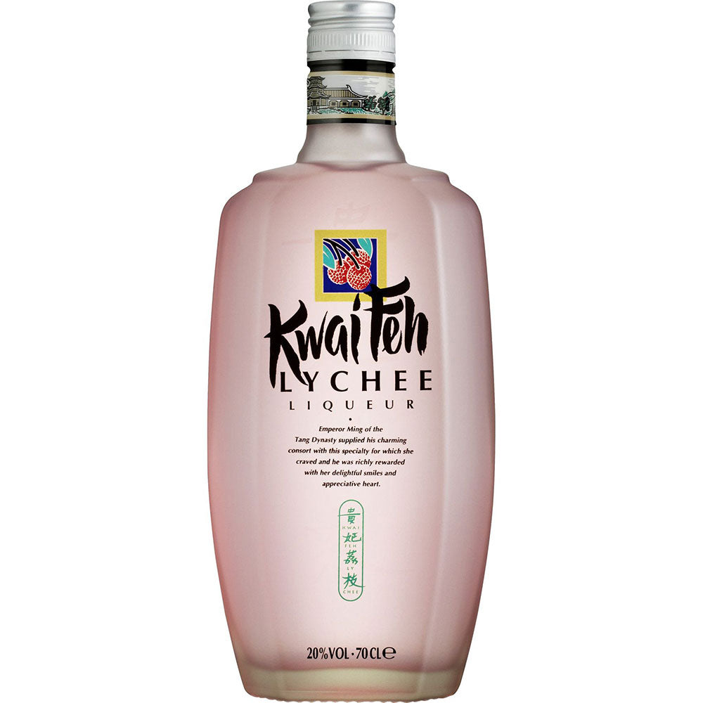 Eine 0,7-Liter-Flasche Kwaih Feh 20% von Kwaih Feh mit einem rosa Farbton und einem dekorativen Etikett auf weißem Hintergrund.