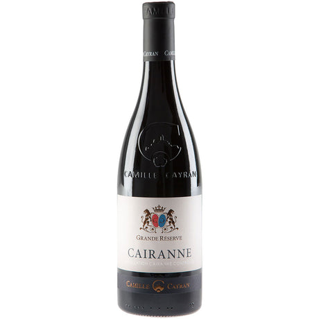 Eine Flasche des Rotweins Camille Cayran La Grande Réserve Cru Cairanne AOP 2023 der Marke Camille Cayran mit einem weißen Etikett mit Wappen.