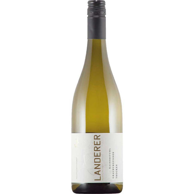 Eine Flasche Landerer Kaiserstuhl Grauburgunder trocken 2024 Weißwein mit weißem Etikett und schwarzem Schraubverschluss. Dieser elegante Landerer Weißwein aus Deutschland unterstreicht Stil und Qualität aus der renommierten Region Kaiserstuhl.