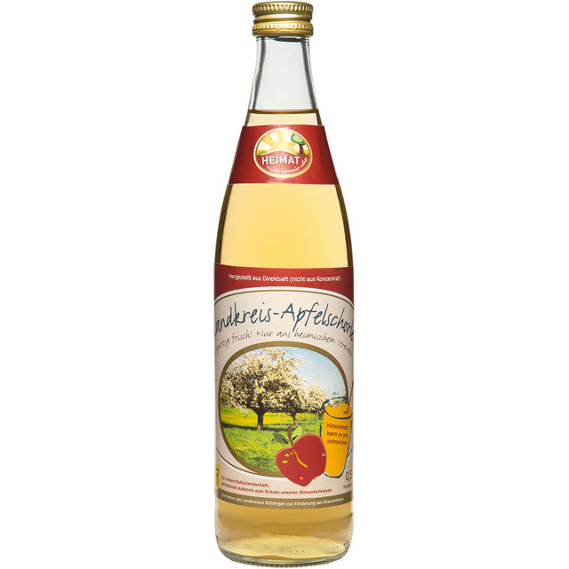 Eine Klarglasflasche Bittenfelder Fruchtsäfte Landkreis Böblingen Apfelschorle 0,5L (Mehrweg) mit einem farbenfrohen Etikett, das Äpfel und einen Obstgarten zeigt.
