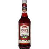 Eine 0,7-Liter-Flasche Landwirth Saurer Joster Jostabeerenlikör (15%) mit einem Etikett mit schwarzen Johannisbeeren und Blättern.