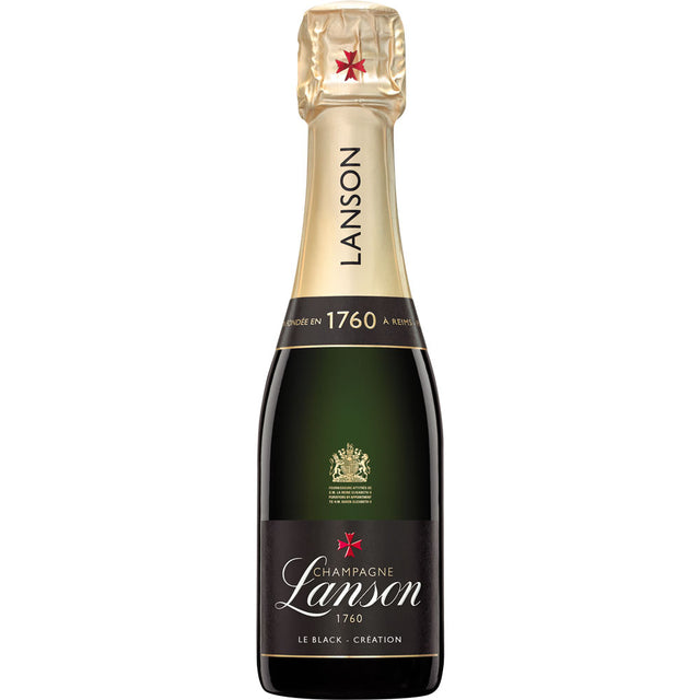 Eine 0,2-Liter-Flasche Lanson Champagner Le Black Creation mit Goldfolie und schwarzem Etikett ist der perfekte elegante Champagner von Lanson für jeden besonderen Anlass.