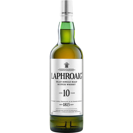 Eine 0,7-Liter-Flasche Laphroaig 10 Jahre Single Malt Scotch Whisky (40%), bekannt für seinen klassischen Islay-Charakter und das charakteristische weiße Etikett.