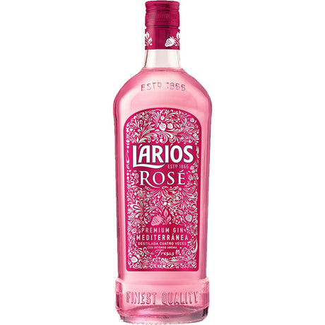 Eine rosafarbene 0,7-L-Flasche Larios Rosé Gin (37,5%) von Larios, ein mediterraner Gin mit blumigen Etikettenmotiven und einem herrlichen Erdbeeraroma.