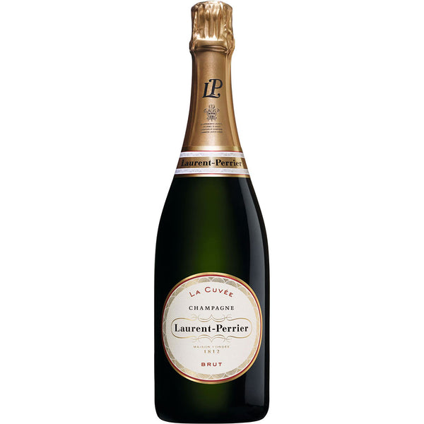 Eine 0,75-Liter-Flasche Laurent-Perrier Champagner La Cuvée Brut mit goldener Folie und weißem Etikett - ein edler Tropfen der Marke Laurent-Perrier mit hohem Chardonnay-Anteil.