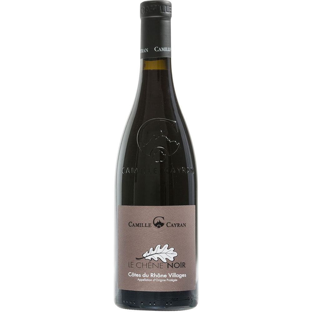 Eine Flasche Camille Cayran Le Chêne Noir Côtes du Rhône Villages AOP 2023 mit einem markanten braunen Etikett.
