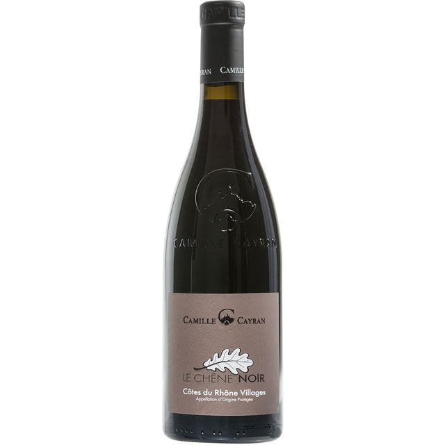 Eine Flasche Camille Cayran Le Chêne Noir Côtes du Rhône Villages AOP 2023 mit einem markanten braunen Etikett.