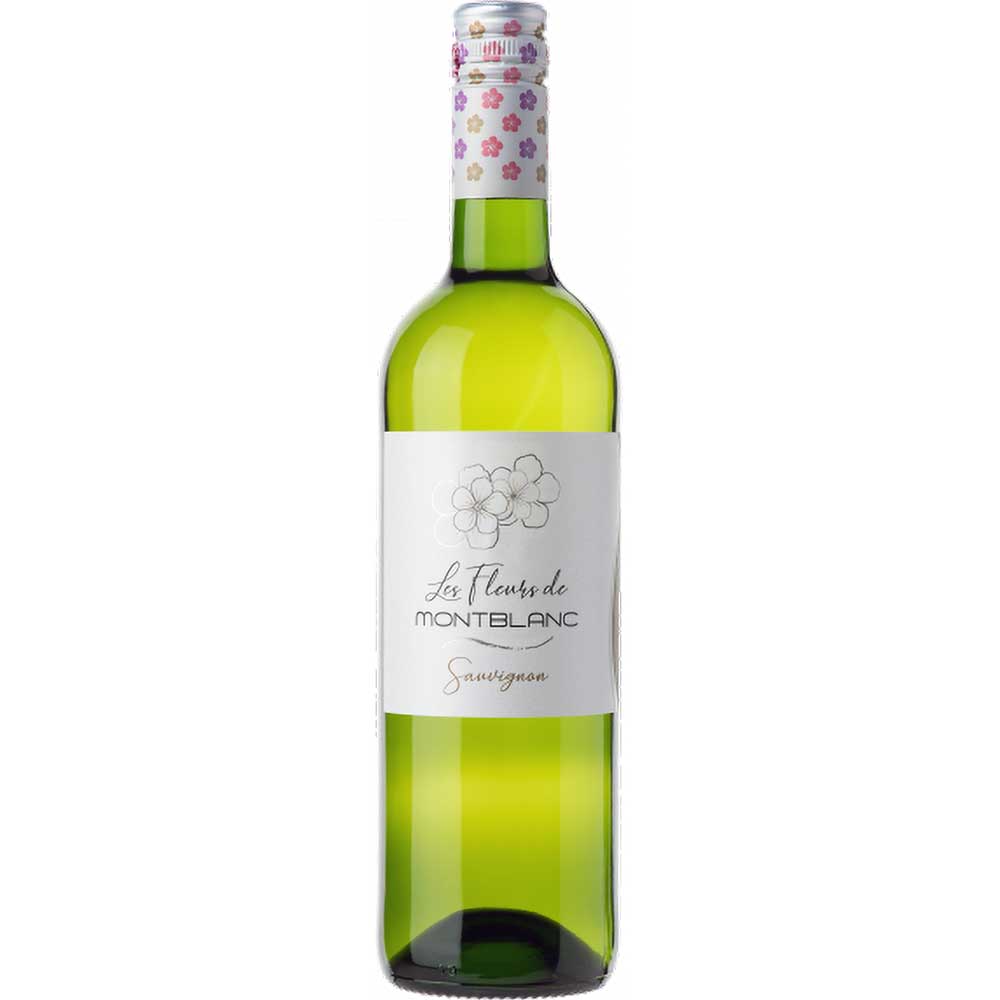 Eine Flasche Les Vignerons de Montblanc Les Fleurs de Montblanc Sauvignon Blanc 2024 aus der Region Côtes de Thongue, verziert mit einem floralen Etikett und Verschluss.