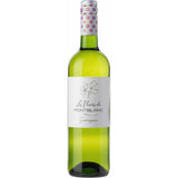 Eine Flasche Les Vignerons de Montblanc Les Fleurs de Montblanc Sauvignon Blanc 2024 aus der Region Côtes de Thongue, verziert mit einem floralen Etikett und Verschluss.