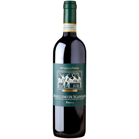 Eine Flasche „Le Pupille Morellino di Scansano Riserva DOCG 2020“ von der Fattoria Le Pupille, ein erlesener toskanischer Rotwein, der hauptsächlich aus Sangiovese-Trauben gekeltert wird und sich durch ein grünes Etikett mit goldenen Akzenten auf weißem Hintergrund auszeichnet.