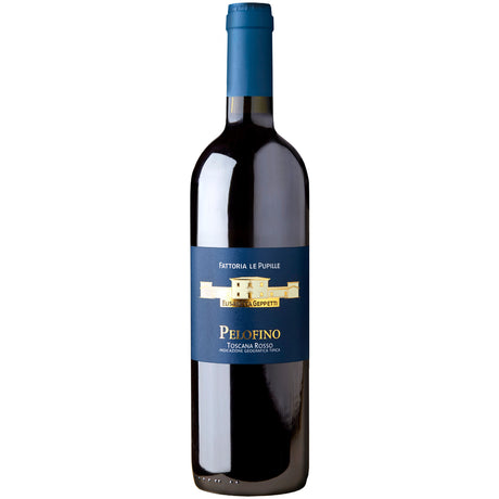 Eine Flasche „Fattoria Le Pupille Le Pupille Pelofino Toscana Rosso IGT 2022“ mit einem blau-goldenen Etikett und einem blauen Verschluss.