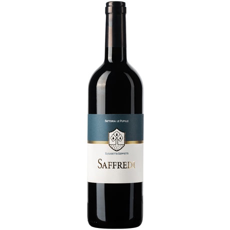 Eine Flasche „Le Pupille Saffredi Toscana Rosso IGT 2020“ von der Fattoria Le Pupille, geschmückt mit ihrem charakteristischen blau-weißen Etikett, präsentiert sich elegant vor weißem Hintergrund – der Inbegriff eines Supertuscan-Weins für anspruchsvolle Sammler.