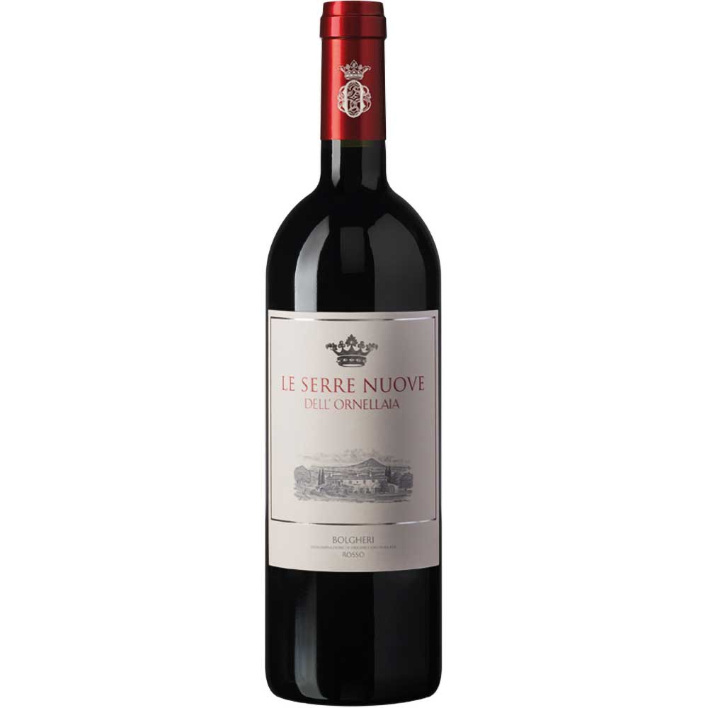 Eine Flasche Ornellaia Le Serre Nuove dell'Ornellaia DOC 2022 mit rotem Folienverschluss und detailliertem Etikett, das die Eleganz dieses berühmten Weins hervorhebt.