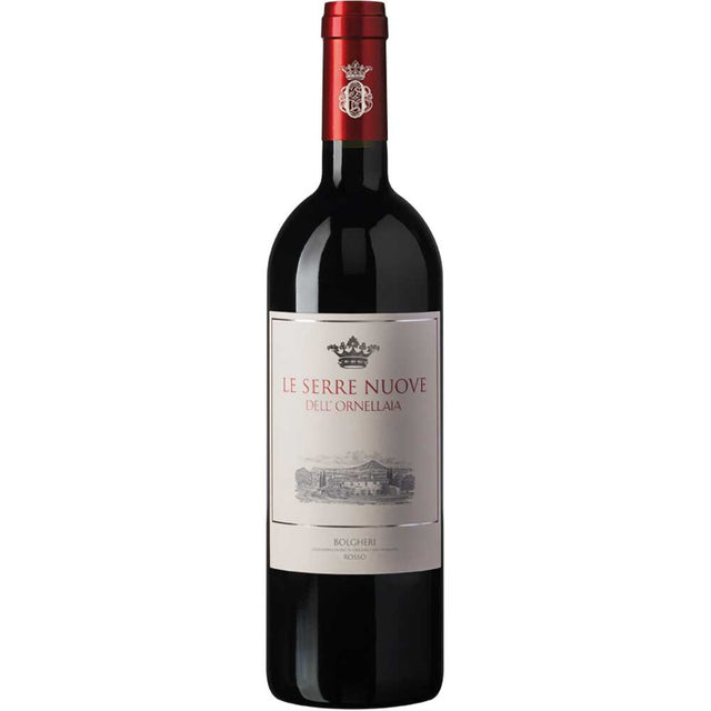 Eine Flasche Ornellaia Le Serre Nuove dell'Ornellaia DOC 2022 mit rotem Folienverschluss und detailliertem Etikett, das die Eleganz dieses berühmten Weins hervorhebt.