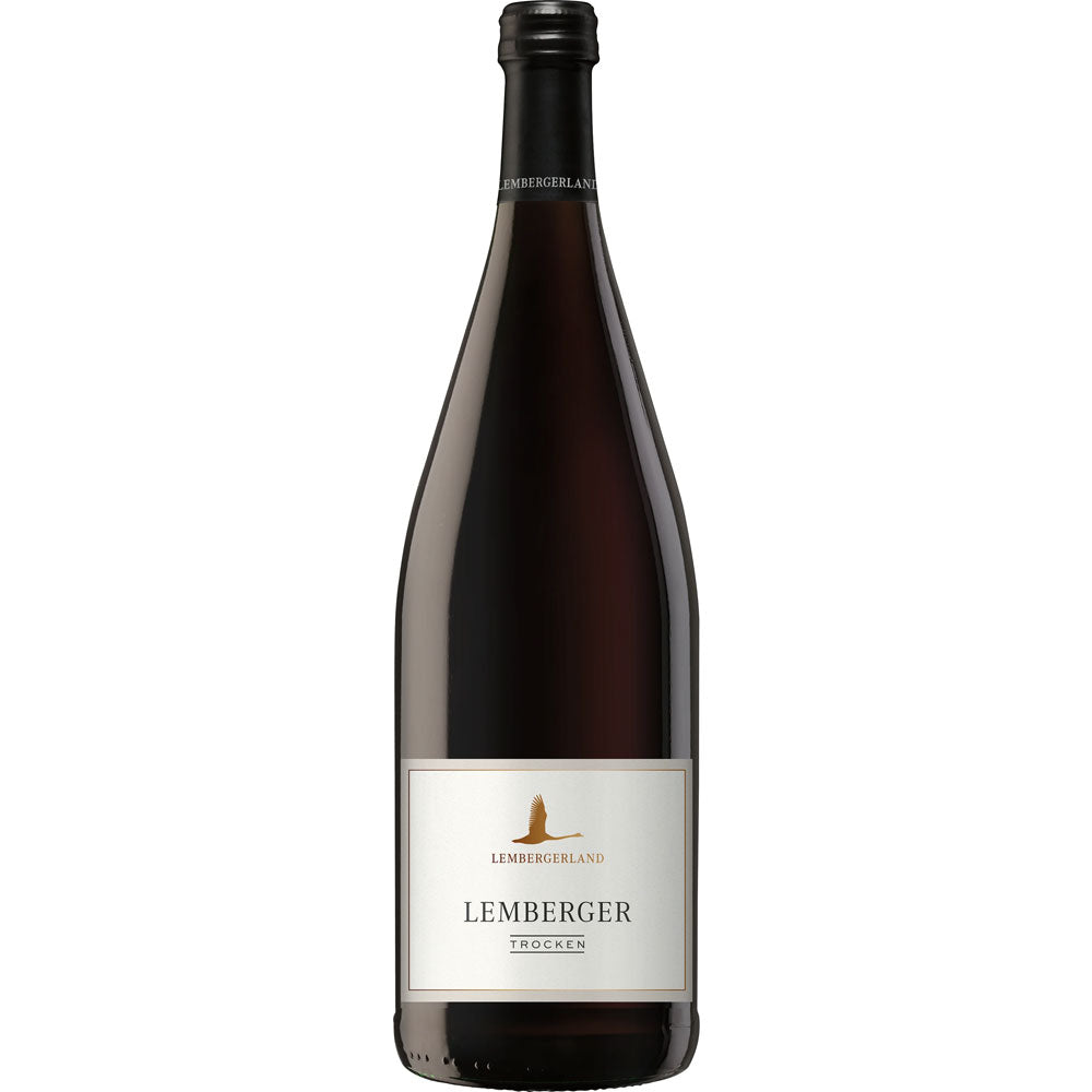 Eine 1L Flasche Lembergerland Kellerei Rosswag Lemberger QbA trocken-ein hervorragender deutscher Rotwein, perfekt für jede Gelegenheit. Erhältlich im 12x MEHRWEG-Pack.