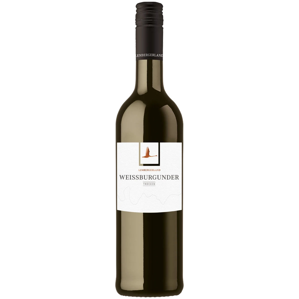 Eine Flasche „Lembergerland Kellerei Rosswag Weißburgunder trocken 2023“ mit einem weiß-goldenen Etikett und einem schwarzen Schraubverschluss.