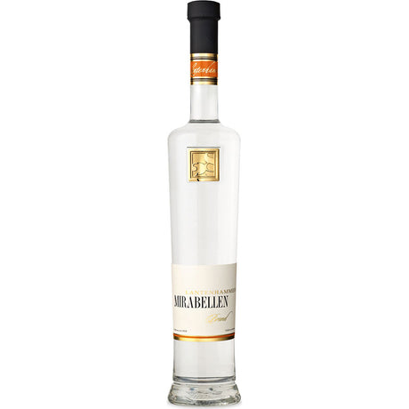Hohe, klare Glasflasche von Lantenhammer Mirabellenbrand 42% 0,5 Liter mit gold-weißem Etikett und schwarzem Verschluss.