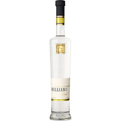 Eine hohe, klare 0,5-Liter-Flasche Lantenhammer Williamsbirnenbrand (42%), elegant etikettiert in Gold und Weiß, hergestellt von Lantenhammer für ein außergewöhnliches Williams-Birnenbrand-Erlebnis.