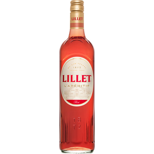 Eine 0,75-Liter-Flasche Lillet Rose (17%), ein französischer Aperitif aus Bordeaux von Lillet, mit einem goldenen Verschluss und cremefarbenem Etikett.
