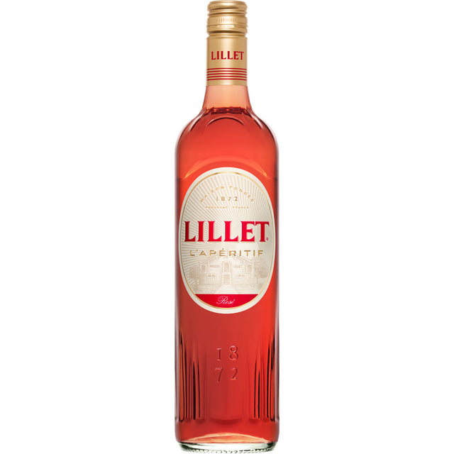 Eine 0,75-Liter-Flasche Lillet Rose (17%), ein französischer Aperitif aus Bordeaux von Lillet, mit einem goldenen Verschluss und cremefarbenem Etikett.