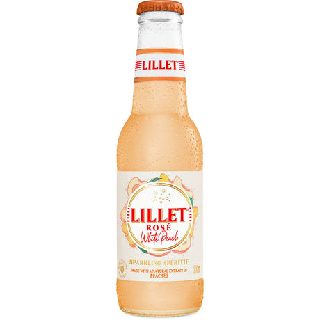 Eine 0,2-Liter-Flasche Lillet Rosé White Peach Ready to Drink (10,3%) von Lillet bietet einen pfirsichfarbenen Aperitif mit weißem Etikett, der den Geist der französischen Aperitifkultur widerspiegelt.