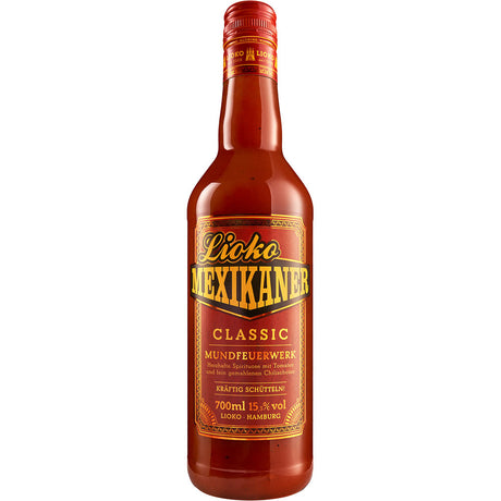 Lioko Mexikaner Classic 15,3% (0,7L) von Lioko Mexikaner trägt ein gelb-rotes Etikett und liefert den charakteristischen würzigen Tomaten-Chili-Kick von Hamburgs Kultbier.