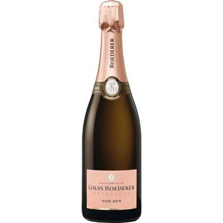 Eine 0,75-Liter-Flasche Louis Roederer Champagner Brut Rosé Jahrgang 2017 mit rosafarbenem Etikett und Halsfolie, die die Eleganz des Jahrgangs-Champagners unterstreicht.