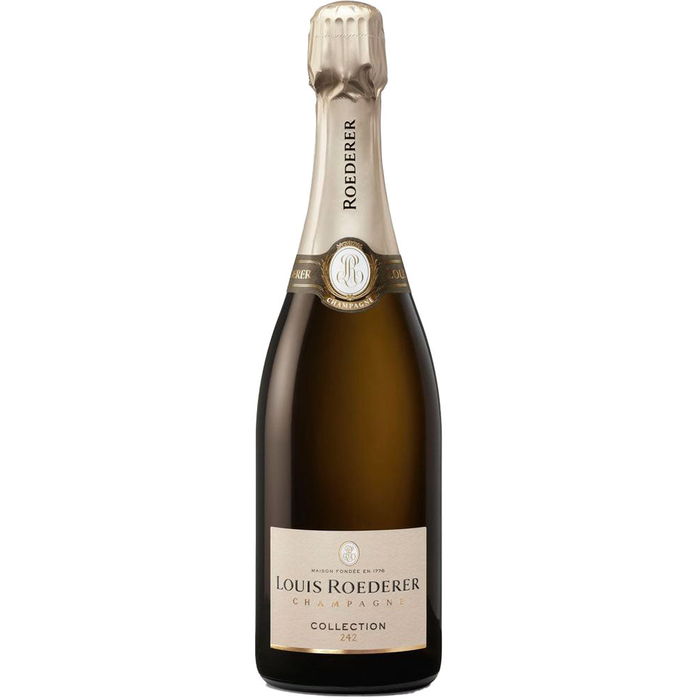 Eine Flasche Louis Roederer Collection 246 Champagne Brut 0.75L, präsentiert mit der charakteristischen Goldfolie und dem cremefarbenen Etikett, hergestellt im klassischen Brut-Stil von Louis Roederer.