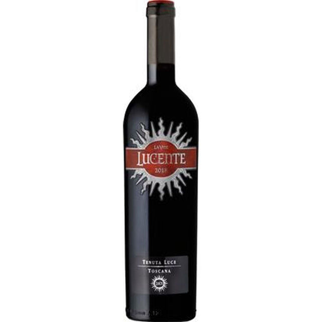 Eine Flasche Tenuta Luce Lucente Toscana IGT 2022 Rotwein, eine toskanische Mischung aus Merlot und Sangiovese von Tenuta Luce, mit einem Sonnenschliff auf dem Etikett.