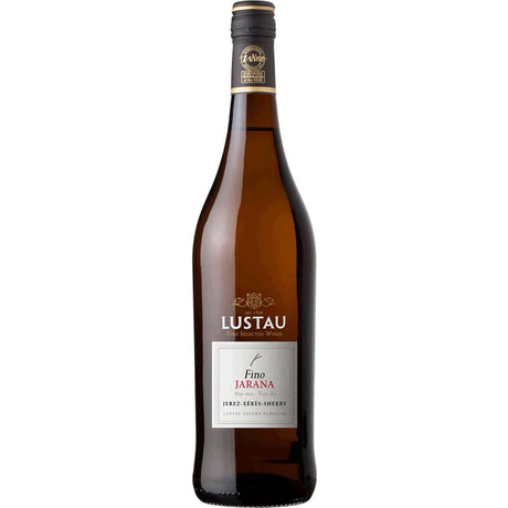 Eine 0,75-Liter-Flasche Lustau Fino Sherry Dry Jarana (15% ABV) von Lustau mit dunklem Verschluss und cremefarbenem Etikett verkörpert den klassischen trockenen Sherry-Stil aus Jerez.