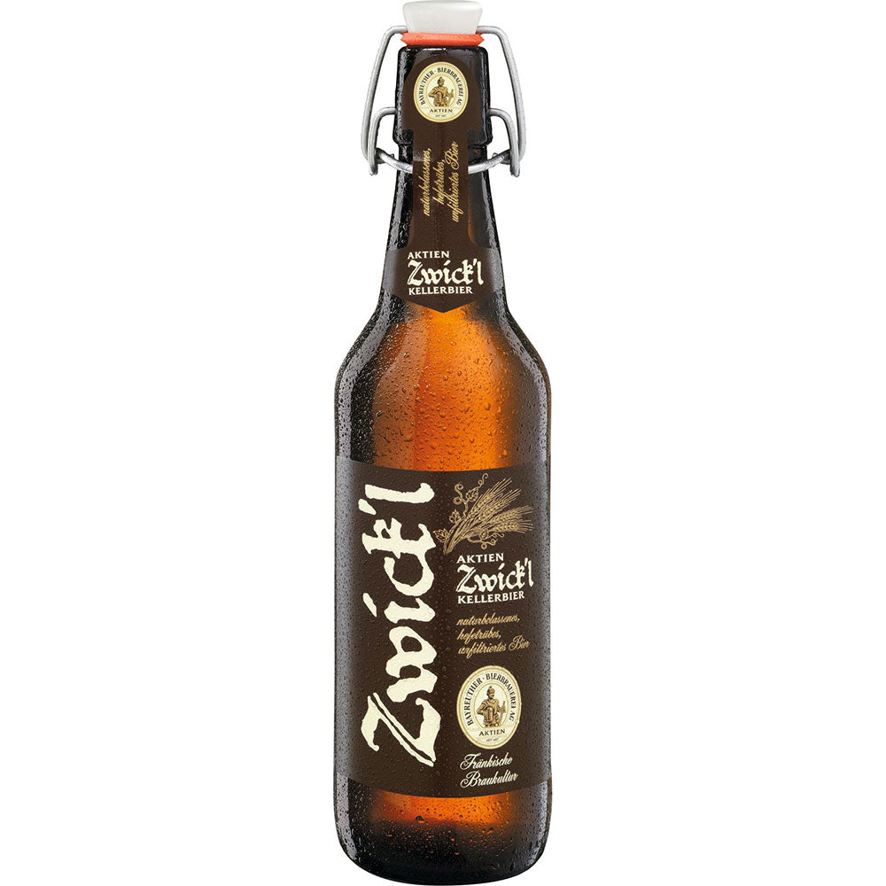 Eine Braunglasflasche von Maisel's Weisse Maisel Aktien Zwick'l Kellerbier 20x 0,5 Liter (MEHRWEG) mit Bügelverschluss und Kondenswasser auf der Oberfläche.