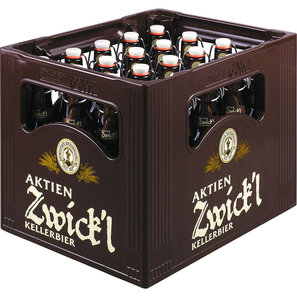 Eine braune Kiste mit 20x 0,5L Flaschen Maisel's Weisse Aktien Zwick'l Kellerbier (MEHRWEG), ein klassisches und erfrischendes fränkisches Bier.