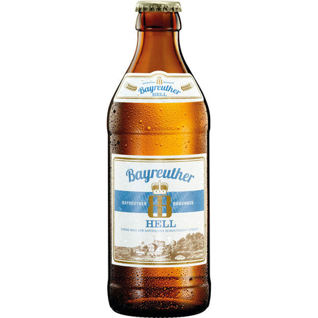 Eine Maisel's Weisse Bayreuther Hell 0,33L Flasche im 20er-Pack (MEHRWEG) hat ein blau-weißes Etikett mit Kondenswasser, das die bayerische Braukunst und den weichen Geschmack des traditionellen Helles widerspiegelt.