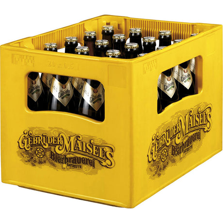 Eine gelbe Kiste mit der Aufschrift "Gebrüder Maisel" enthält 20 dunkle Glasflaschen (je 0,5 l) von Maisels Weisse Edelhopfen Extra, einem kohlenhydratarmen Bier (Mehrweg).