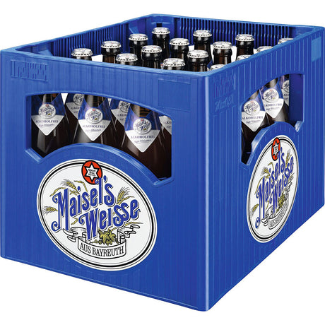 Eine blaue Kiste mit Maisel's Weisse Hefe-Weissbier Alkoholfrei 20x0,5L (MEHRWEG) Flaschen mit dem Etikett "Maisel's Weisse".