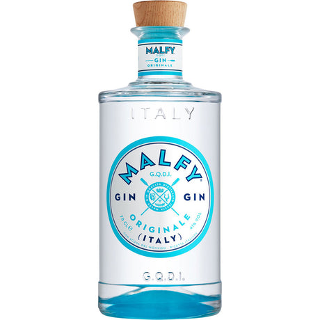 Klarglasflasche Malfy Gin Originale 41% 0,7 Liter von Malfy Gin, mit blau-weißem Etikett und Holzkappe, die sein italienisches Erbe hervorhebt. Ein klassischer Dry Gin, der nach italienischer Tradition hergestellt wird.