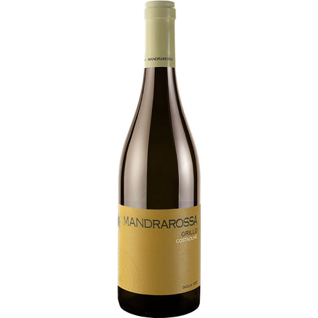 Eine Flasche Settesoli Mandrarossa Grillo Costadune DOC Sicilia 2025 mit gelbem Etikett und hellem Verschluss, der für die Region Sizilien steht.